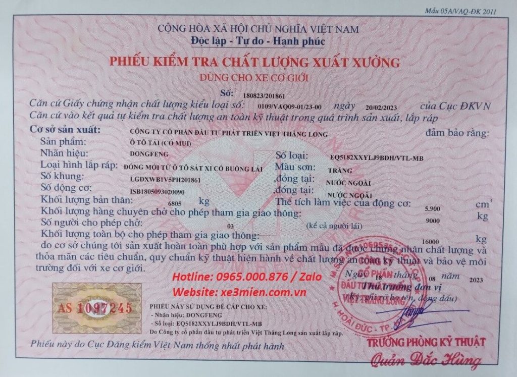 Phieu kiem tra chat luong xuat xuong xe dongfeng d11